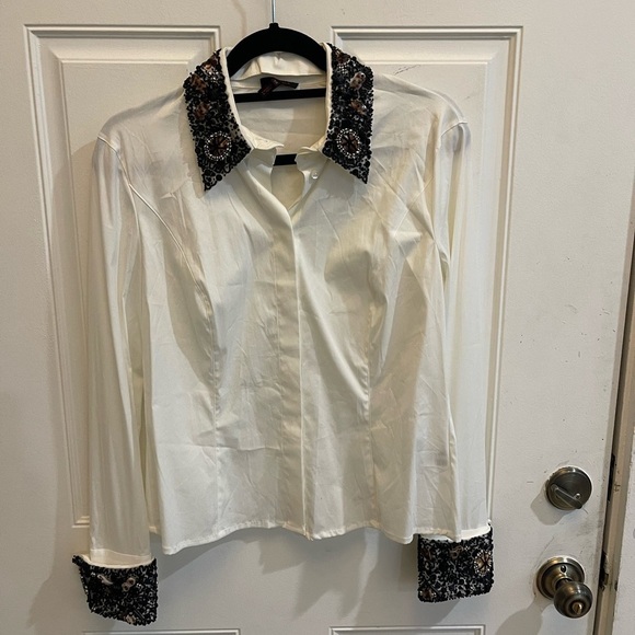Escada White Button Down Detachable Beaded Collar and Cuffs. - Picture 1 of 7